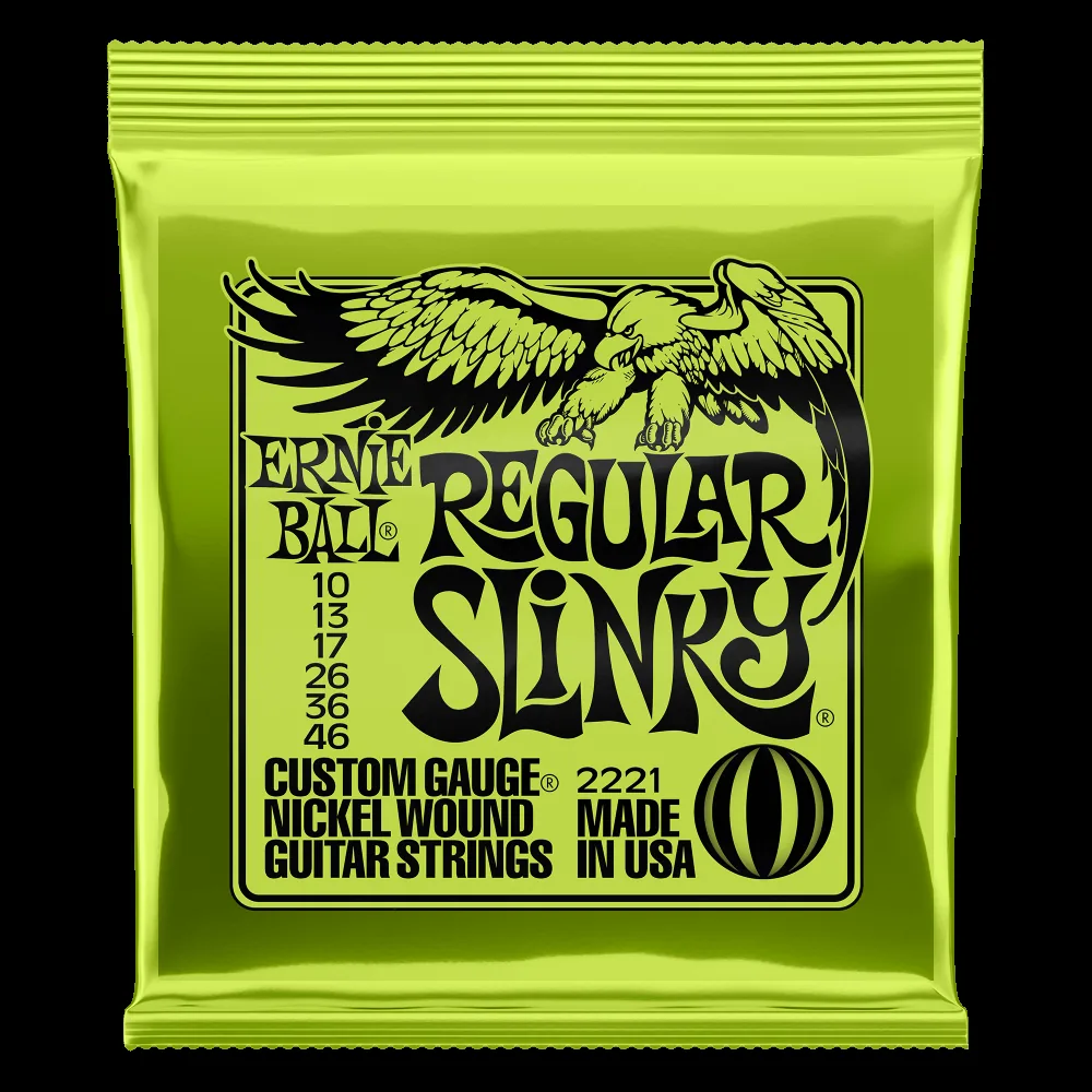 Embalagem verde da Ernie Ball Regular Slinky 2221, calibres 10 a 46, nickel wound