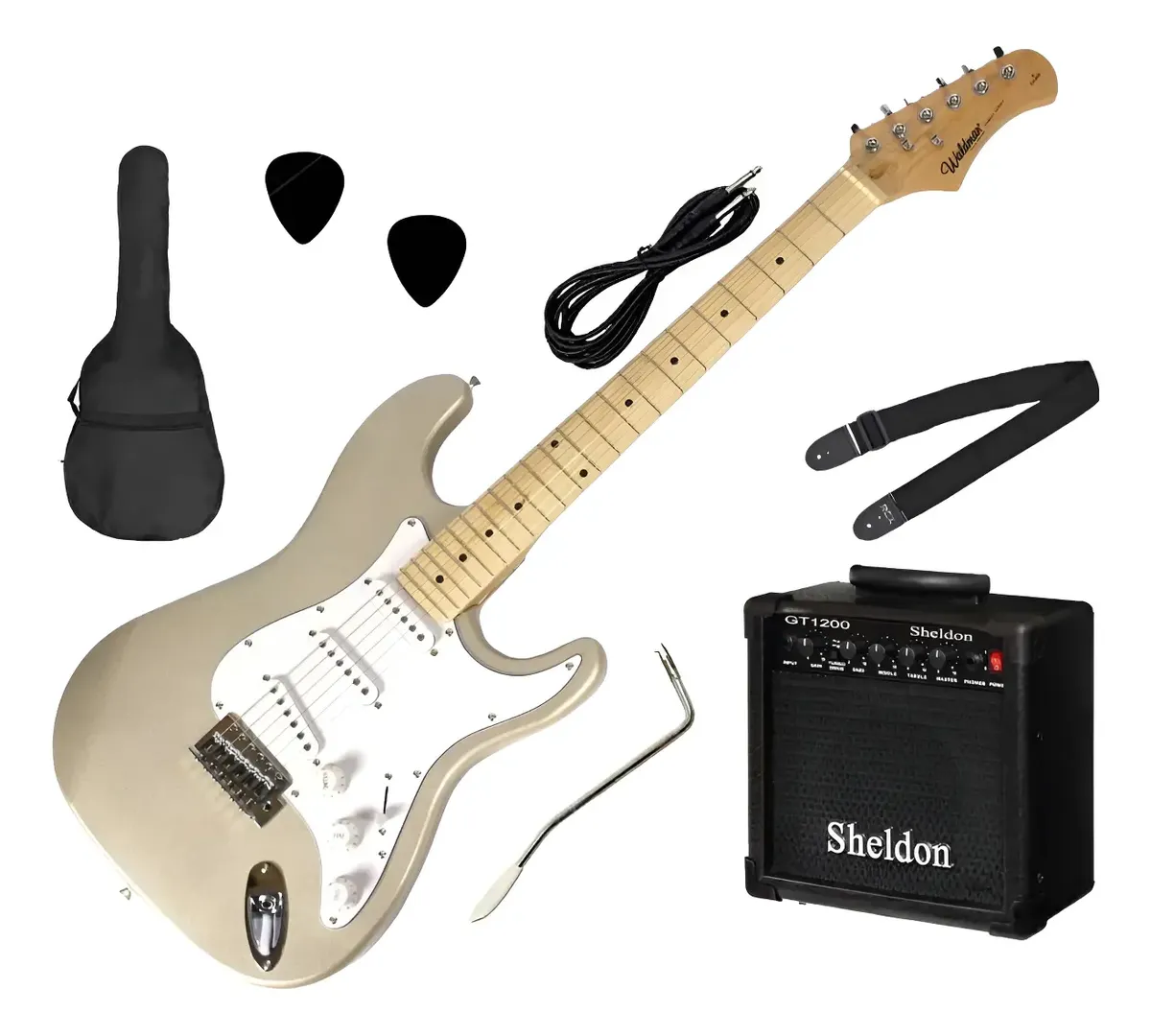 Kit Waldman Street ST-111 completo: guitarra, amplificador Sheldon GT1200, capa, correia, cabo, palhetas e alavanca — foto 1 de 4