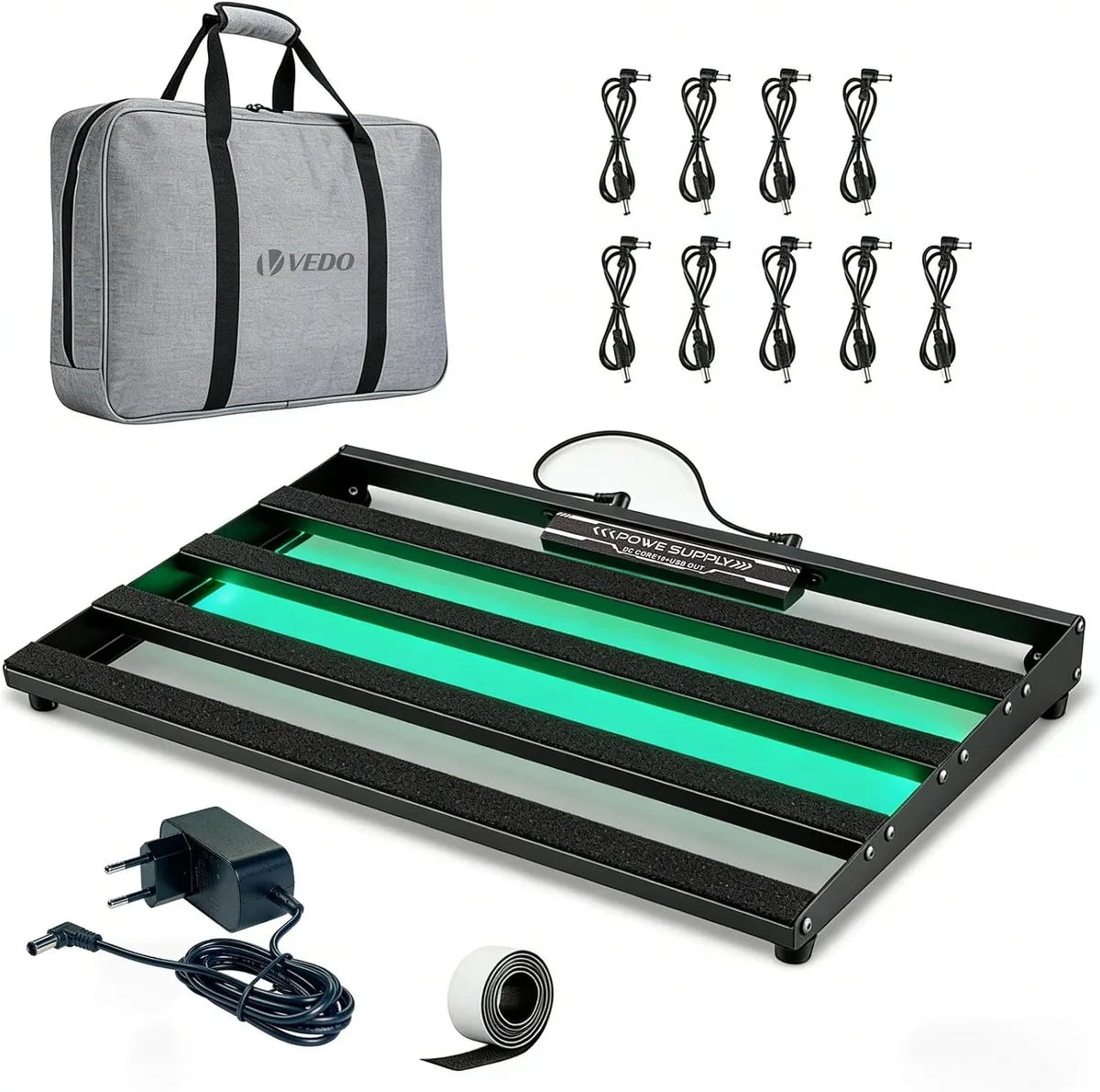 Pedalboard com três pedais de efeito e fonte de alimentação — foto 2 de 4